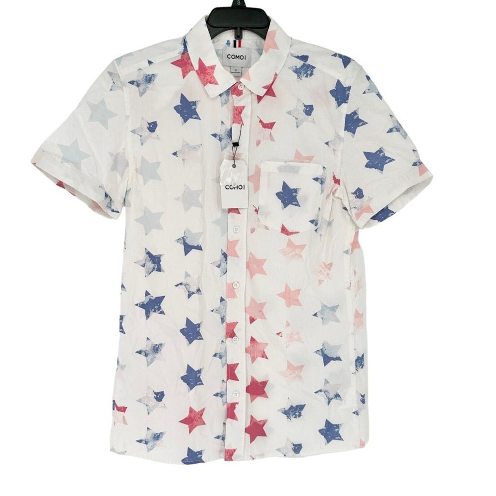 Como Man Shirt Small White Red Blue Stars Button Up Short Sleeve NWT